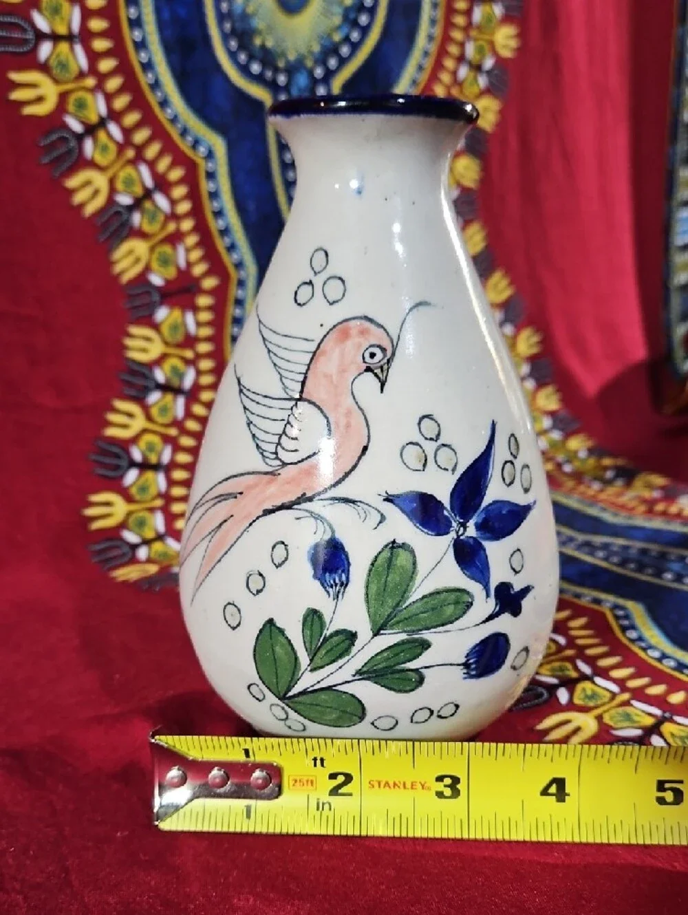 VTG Tonala Mexican Art Pottery Vase - Hand-Painted Bird & Floral Motif